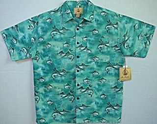 MARLIN NWT Hawaiian Shirt Size Large SPORTFISH Palms MERMAID FIN BLUE 