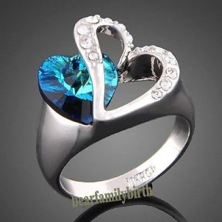 18K white GOLD GP Swarovski crystal heart with blue stone ring 1766