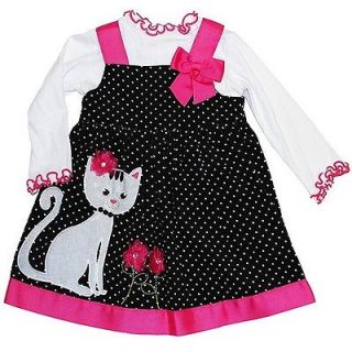 New Toddler Girls Bonnie Jean sz 2T Black Pink Dot CAT Jumper Dress 