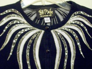 BOB MACKIE WEARABLE ART BLACK & WHITE SILVER EMBROIDER SEQUINS SWEATER 