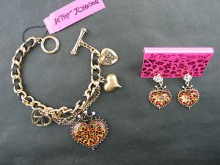 New Betsey Johnson Crown leopard peach heart bracelet earrings