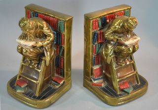 Copper Clad Plaster Bookends of Oriental Scholars on Ladders in 