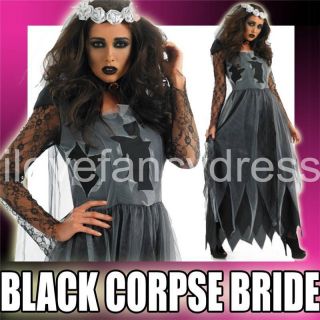 BLACK CORPSE BRIDE COSTUME DEAD GHOST LADY HALLOWEEN FANCY DRESS XS 
