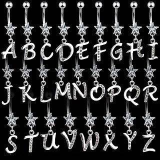 Clear CZ Star Dangle Initial Navel Belly Bar 10mm   Choose Letter