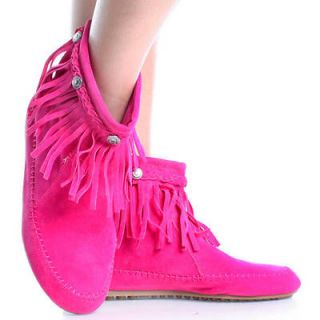 Pink Suede Fringe Boho Tribal Indian Moccasins Women Flat Ankle Boots 