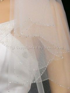 2T White Elbow Scalloped Silver AB Beaded Edge Bridal Wedding Veil