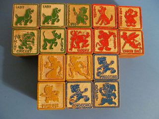 Lot of 16 Vintage Disney Wooden Blocks ABC Alphabet Letters Colors 