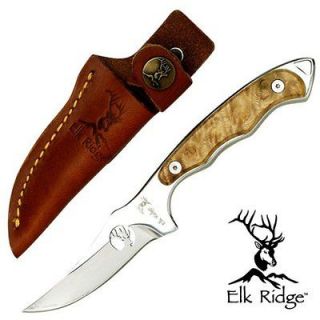 ELK RIDGE FULL TANG SKINNER HUNTING KNIFE BURL WOOD w/ LEATHER SHEATH 
