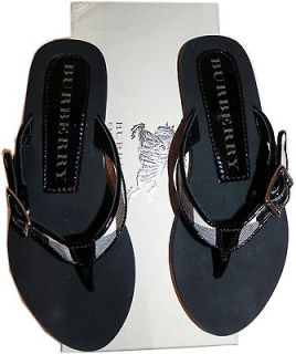 Burberry Check Print Sandal THONG in black patent trim flat shoe 36 