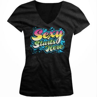 Sexy Starts Here Ladies Junior Fit V Neck T Shirt Funny Cool Party 