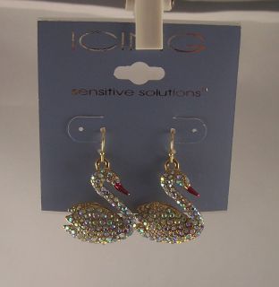 Icing sensitive solutions gold tone earrings Swan swans bling crystals
