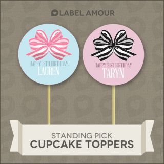 20 PERSONALISED Cup Cake Toppers  Birthday Bow  Cupcake 