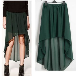 Green Women Asymmetrical Hem Chiffon Pleated Long Maxi Dress Skirt O