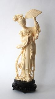 Vintage Chinese Japanese Ivory Color Figurine Statue Woman with Fan 