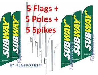 five) 15 SUBWAY green SWOOPER #3 FEATHER FLAGS KIT with poles 