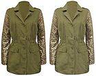   Sequin Sleeve Khaki Military Jacket Coat Parka UK 8 10 12 14 Celebrity