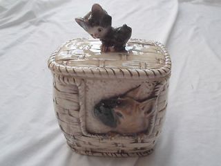 Vtg E 4102 Bull dog Kitty Cat basket weave gray cookie jar hairline 