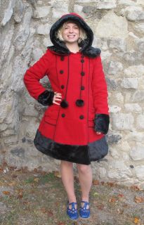 Hell Bunny Red Black Faux Fur Winter Coat Sarah Jane New Corset Hood 