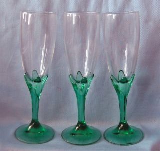   Set of Three 8 1/2 Tall Green Tulip Stem Beautiful Champagne Glasses
