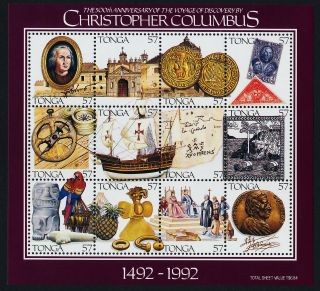 Tonga 797 MNH Christopher Columbus, Ships, Map, Stamp on Stamp, Coin