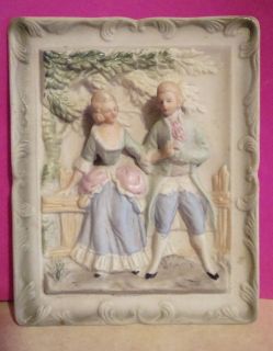   Painted Vintage Victorian Couple Bisque Plaque By Chase Made In Japan