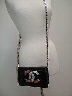 CHANEL CC Logo Black Patent Leather Wallet on Chain Messenger WOC Bag 