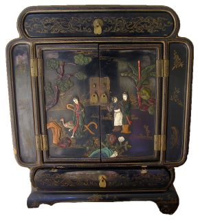 ORIGINAL ANTIQUE CHINESE CONSOLE CABINET BLACK LAQUER BOX MOTHER PEARL 