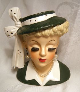 Vintage 1956 Japanese Napco Woman Head Vase Eyelashes Green Top Pearls 