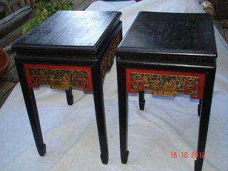 Pair of Antique Chinese Side Tables black with handcarved gilt panels
