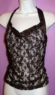 CHARLOTTE RUSSE Black Lined Lace Halter Top Draped Front & Ruched 
