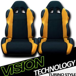 2x LH+RH Black/Yellow Fabric & PVC Leather Reclinable Racing Seats 