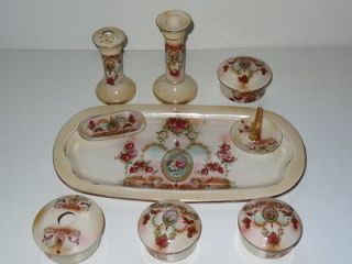 PRETTY RED ROSE SWAG 9 PIECE ART DECO CHINA VANITY DRESSING TABLE SET