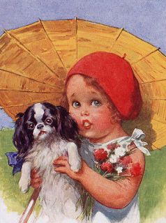 JAPANESE CHIN LITTLE GIRL WITH PARASOL DOG PRINT 8 x 10 MOUNTED READY 