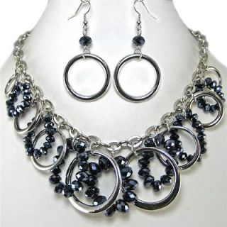 Chunky Multi Circle Crystal Bead Silver Earrings Necklace Set Costume 