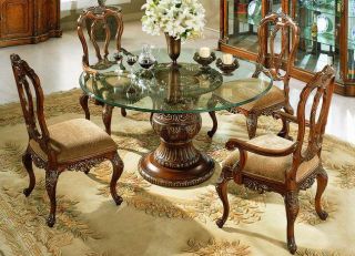 Pc Mahogany Round Glass Table w/ 4 Chairs Dining Set