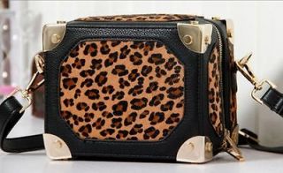 2012 Vintage Womens Leopard Pattern Pony Hair Clutch Suitcase Shoulder 
