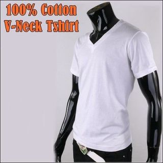 XL WHITE Mens Plain Blank V neck Tshirt Basic Tee Pure Cotton Casual 