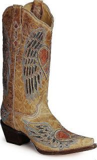 Womens Handmade Vintage Tan Leather Corral Angel Wing & Heart Boots