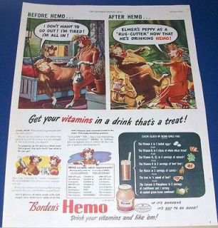 1945 Bordens Dairy Ad~Elmer COW peppy rug cutter after drinking HEMO