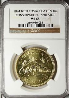 Costa Rica 1500 Colones 1974 NGC MS 63 UNC Gold Giant Anteater Very 