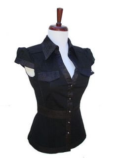 Black Puff Sleeve Waitress Diner 50s Rockabilly Pinup Girl Shirt Top 