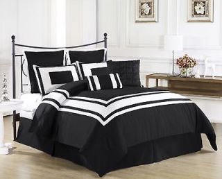 Lux Decor 8 Pieces Comforter Set BLACK, White Stripe   CAL KING size 