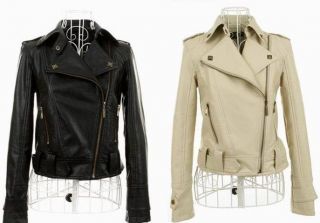 NEW Women Slim PU Leather Short Jacket Coat Lapel Inclined Zipper 