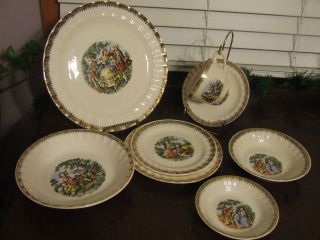 CRONIN CHINA COLONIAL COURTING COUPLE GOLD TRIM 8 PC PLACE SETTING EUC