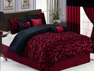 19 PC Burgundy Black Comforter Curtain Sheet Set King Size New Bed in 