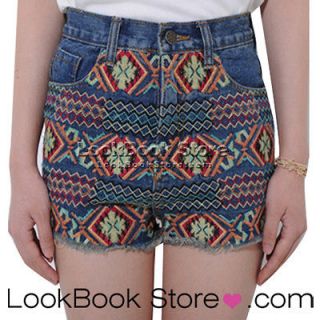   Embroidery Aztec Geo Frayed Cuffs Jeans Denim Knicker Shorts Hot Pants