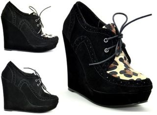   PONYSKIN FAUX SUEDE LACE UP CREEPERS GOTH PUNK WEDGE BOOTS SIZE 3 8