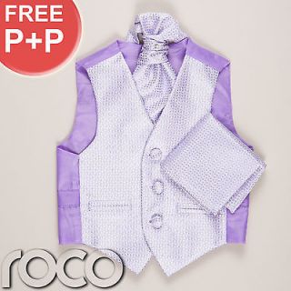 Boys Lilac Waistcoat Cravat Handkerchief Set Wedding Prom Christening