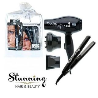   Hair Dryer and Straightener Set Black With White Flowers Hair Tools