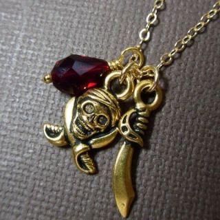    gold skull & sword charm, ruby crystal, 14k gold filled chain